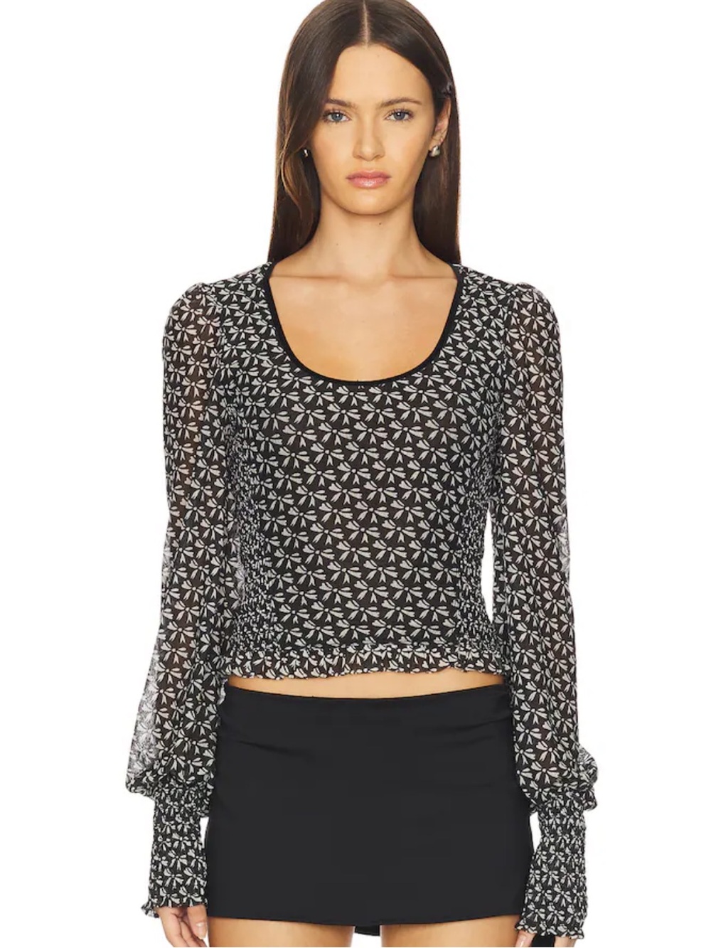 Free People Dottie Knit Top - Women's Black Long-Sleeve Scoop Neck Top